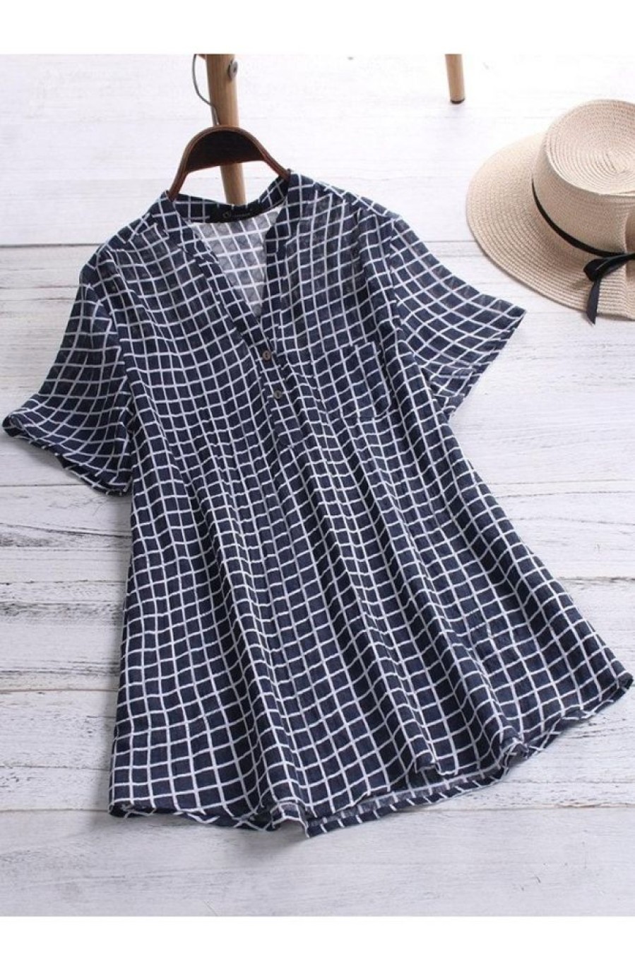 Clothing Azzlee Blouse & Shirts | Blue Plaid Buttons Stand Collar Short Sleeve Blouse