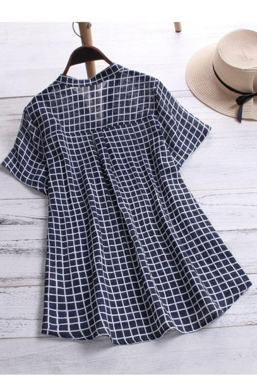 Clothing Azzlee Blouse & Shirts | Blue Plaid Buttons Stand Collar Short Sleeve Blouse