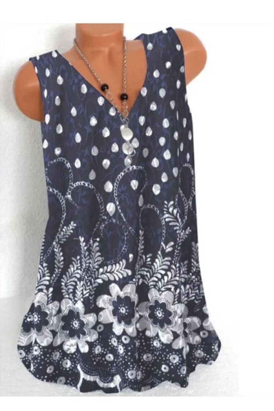 Clothing Azzlee Blouse & Shirts | Casual Graphic Tops V Neck Floral Printed Sleeveless Tank Navy