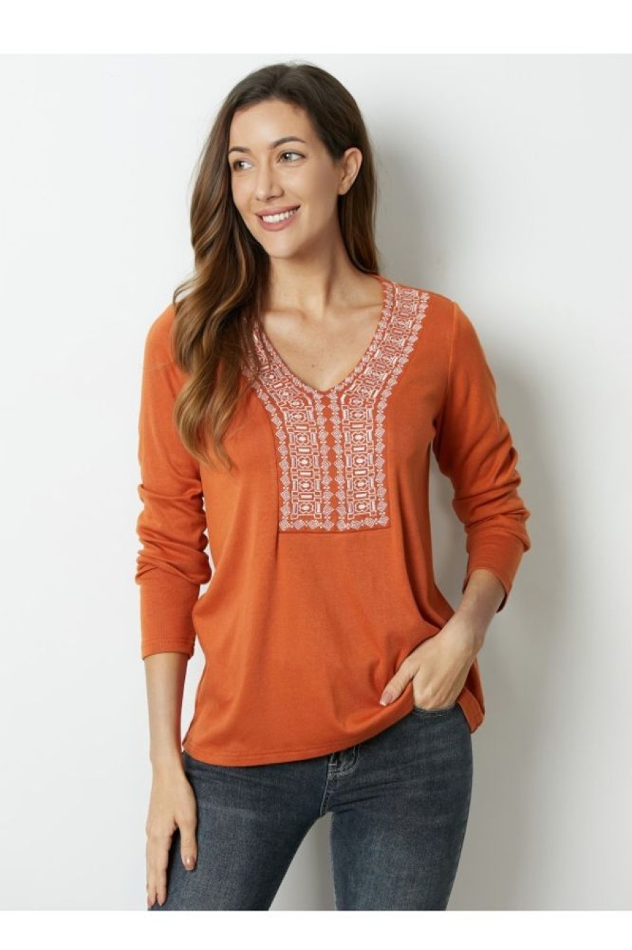 Clothing Azzlee Sweatshirt & Hoodies | Geometric Print V-Neck Long Sleeve Blouse Orange