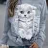 Clothing Azzlee Sweatshirt & Hoodies | Cute Cat Print Crew Neck Pullover Sweatshirt Grey