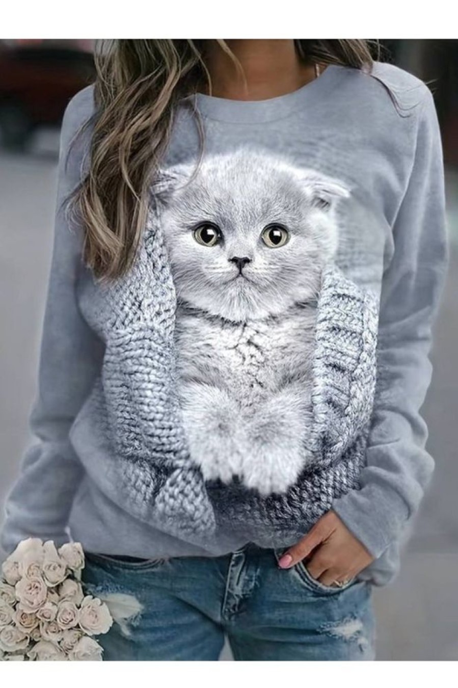 Clothing Azzlee Sweatshirt & Hoodies | Cute Cat Print Crew Neck Pullover Sweatshirt Grey