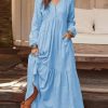 Clothing Azzlee Maxi Dresses | Casual V Neck Long Sleeve Button Maxi Dress With Pockets Blue