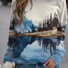 Clothing Azzlee Sweatshirt & Hoodies | Casual Long Sleeve Round Neck Landscape Printed Sweatshirt Multi