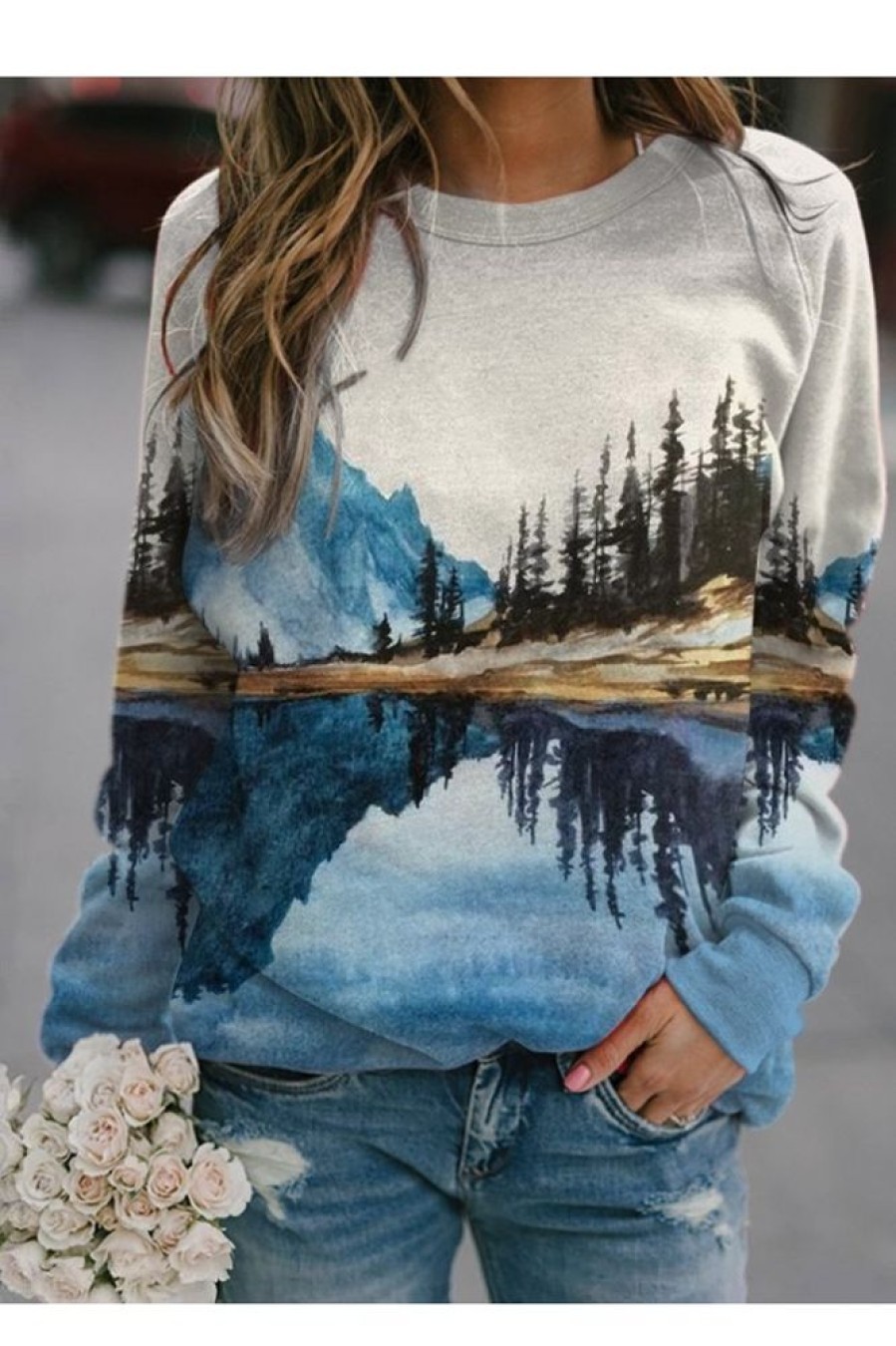 Clothing Azzlee Sweatshirt & Hoodies | Casual Long Sleeve Round Neck Landscape Printed Sweatshirt Multi