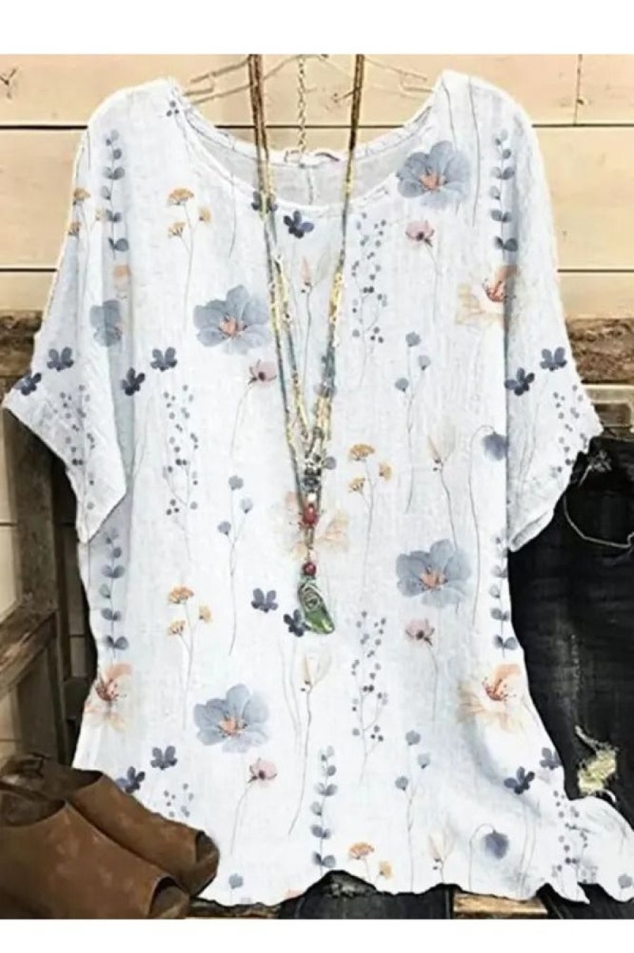 Clothing Azzlee Blouse & Shirts | Casual Round Neck Floral Printed Short Sleeve Blouse White