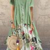 Clothing Azzlee Maxi Dresses | Casual Short Sleeve Round Neck Floral Printed Maxi Dress Green