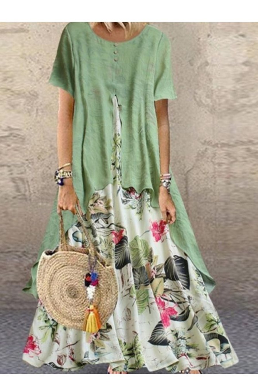 Clothing Azzlee Maxi Dresses | Casual Short Sleeve Round Neck Floral Printed Maxi Dress Green