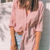 Clothing Azzlee Sweatshirt & Hoodies | Solid Casual Tops Lapel Long Sleeve Blouse Pink