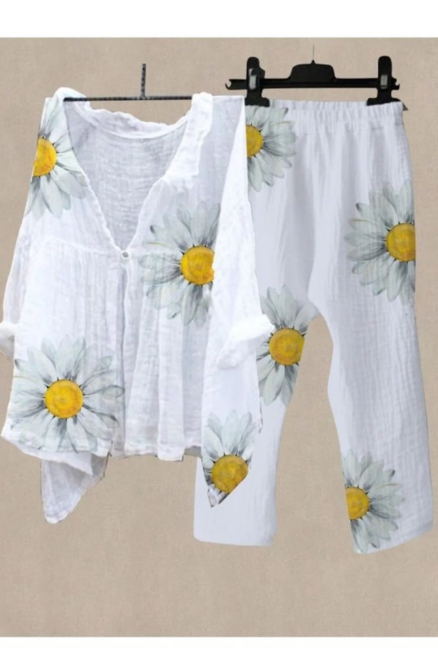 Clothing Azzlee | Casual V Neck Sunflower Printed Daily Two Piece Suit White