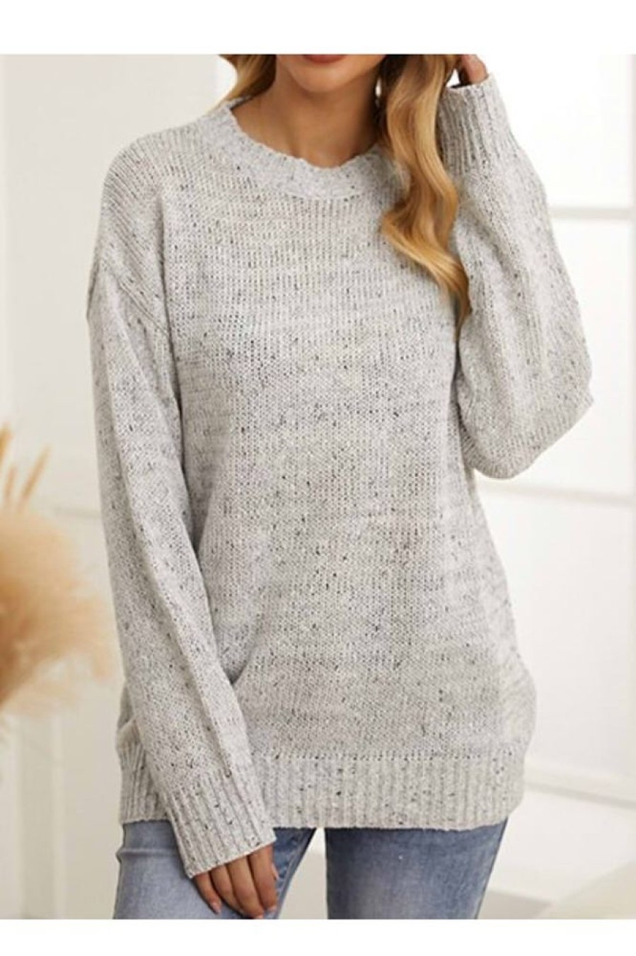 Clothing Azzlee Sweater & Cardigans | Solid Color Round Neck Long Sleeve Sweater