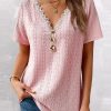 Clothing Azzlee Blouse & Shirts | Casual V Neck Solid Short Sleeve Blouse Pink