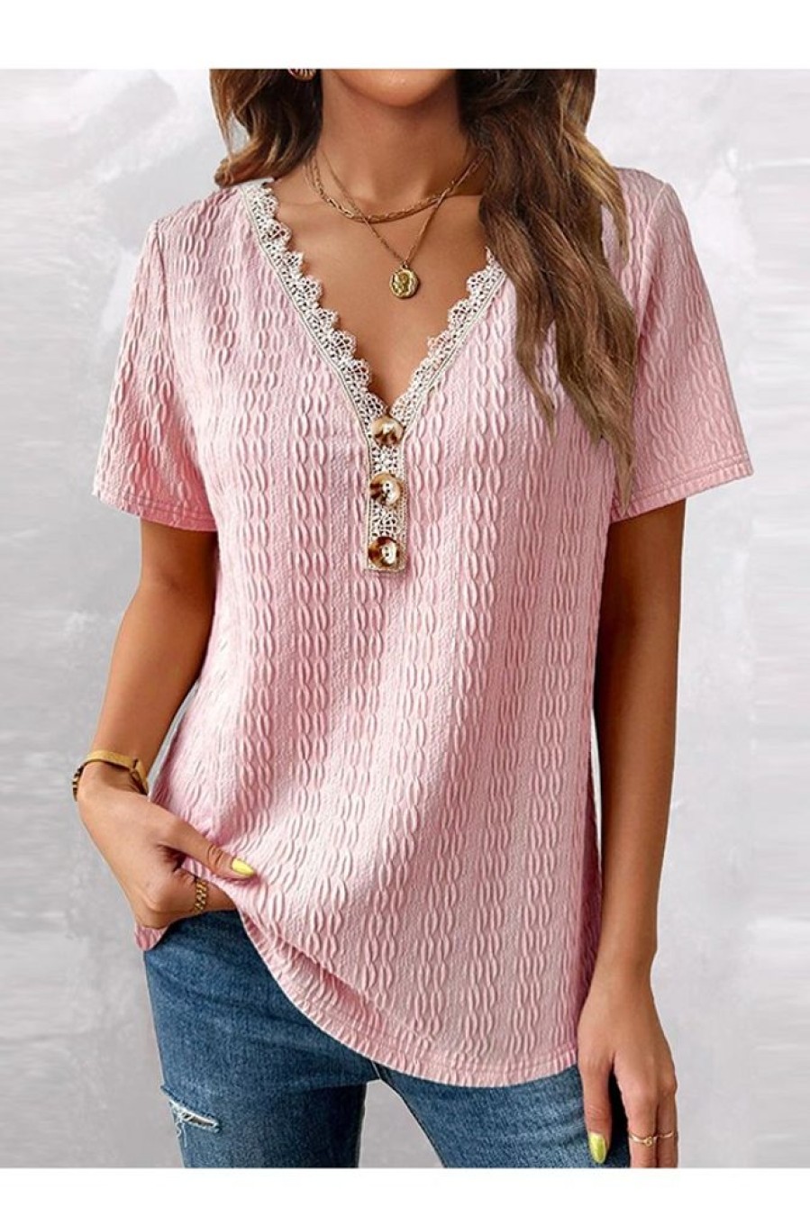 Clothing Azzlee Blouse & Shirts | Casual V Neck Solid Short Sleeve Blouse Pink