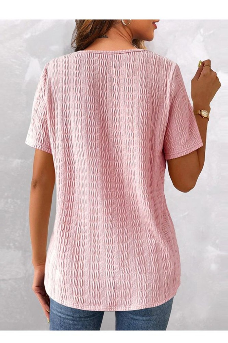 Clothing Azzlee Blouse & Shirts | Casual V Neck Solid Short Sleeve Blouse Pink