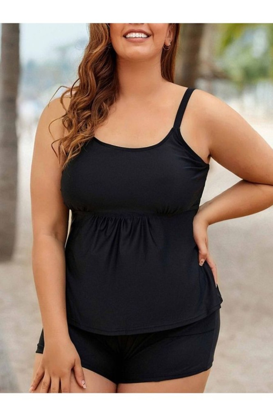 Clothing Azzlee Plus Size | Flared Scoopneck Adjustable Strap High Waist Plus Size Tankini Set Black