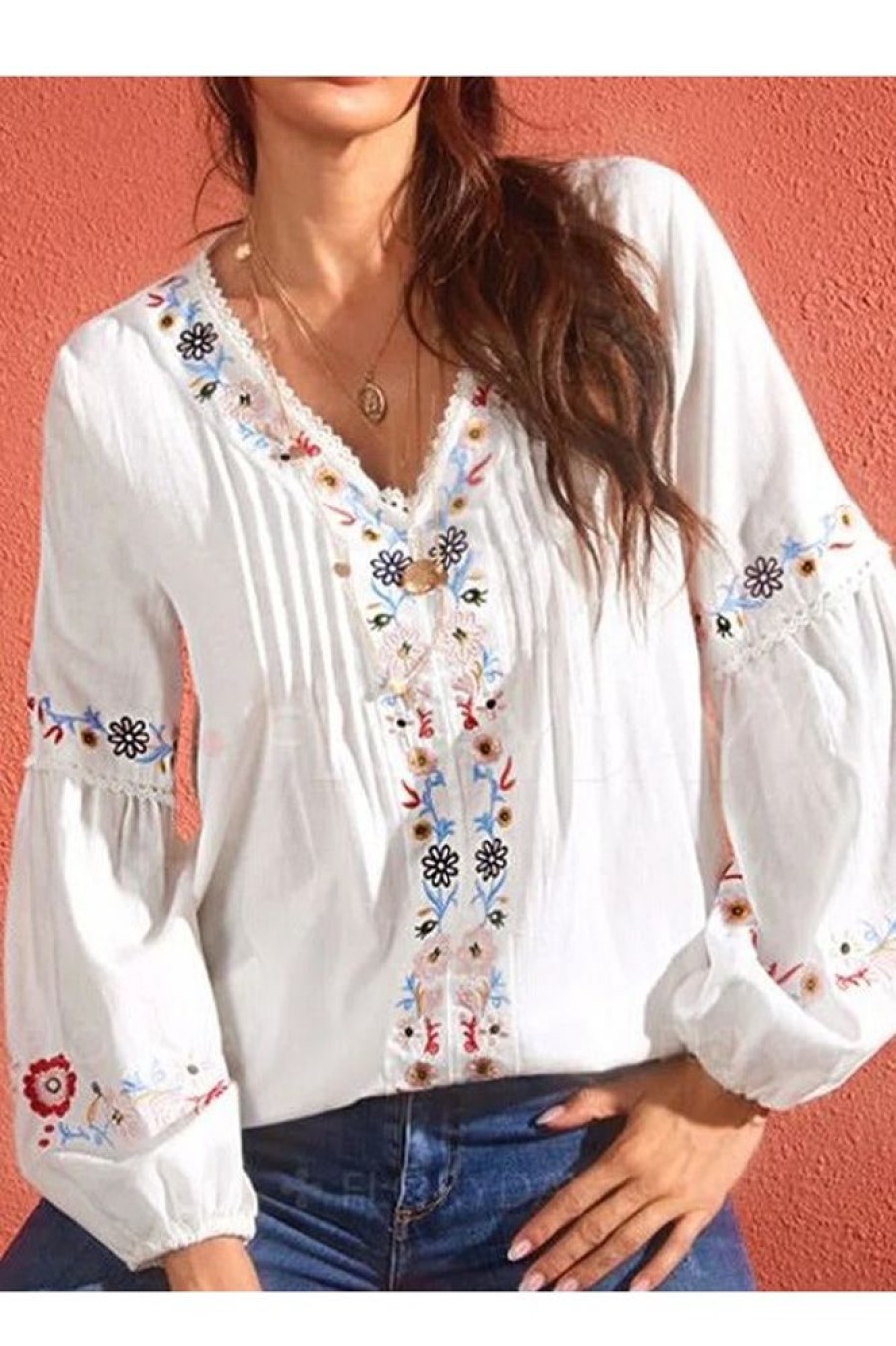 Clothing Azzlee Blouse & Shirts | Casual Graphic Tops V-Neck Long Sleeve Floral Printed Blouse White