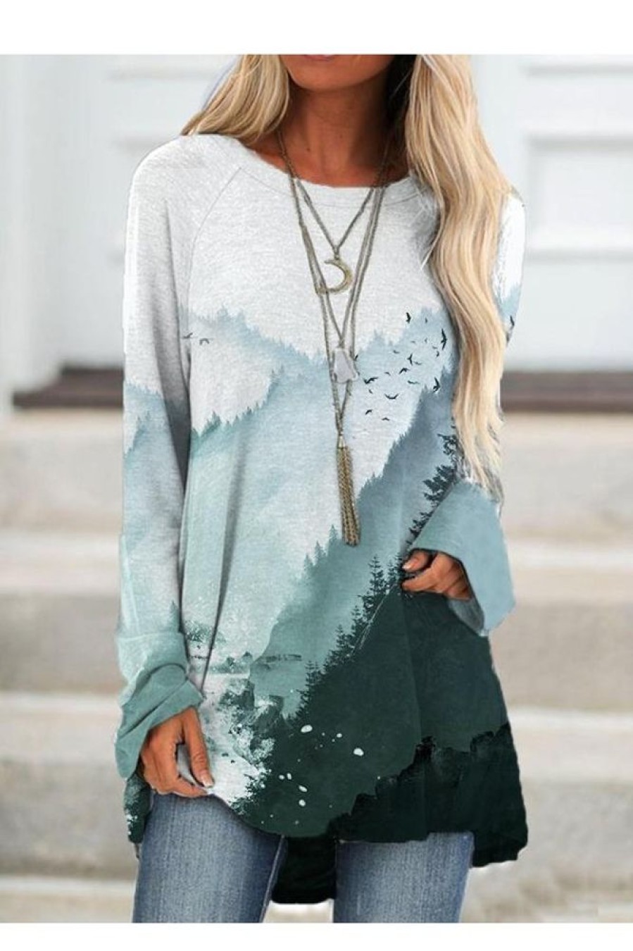 Clothing Azzlee Sweatshirt & Hoodies | Casual Graphic Tops Round Neck Long Sleeve Landscape Printed Sweatshirts Multi