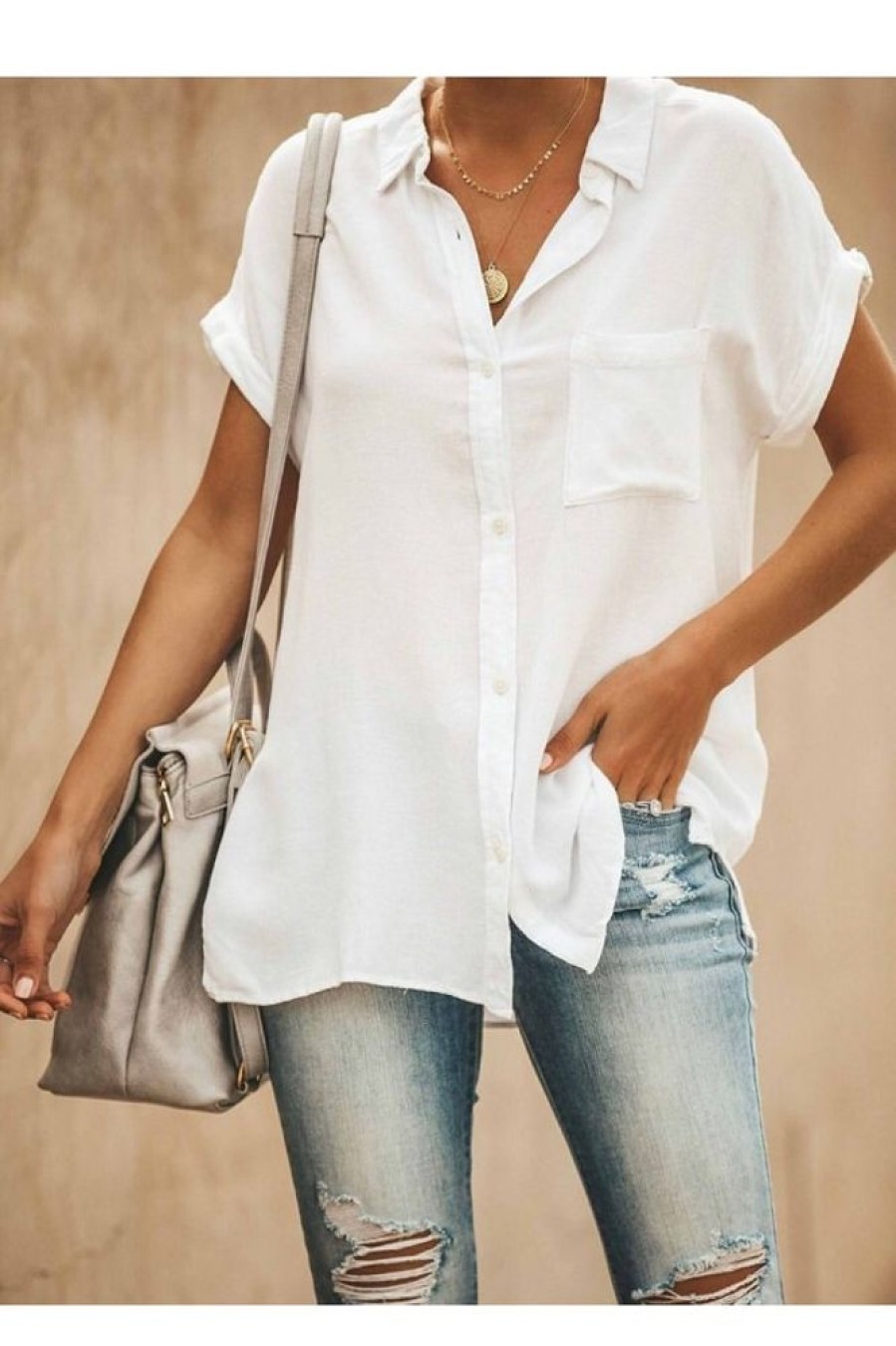 Clothing Azzlee Blouse & Shirts | Casual Short Sleeve Collared Tops Solid Color Shirts With Pocket