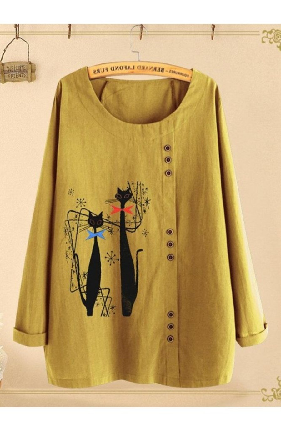 Clothing Azzlee Sweatshirt & Hoodies | Cat Print Buttons Casual O-Neck Long Sleeve Blouse Yellow