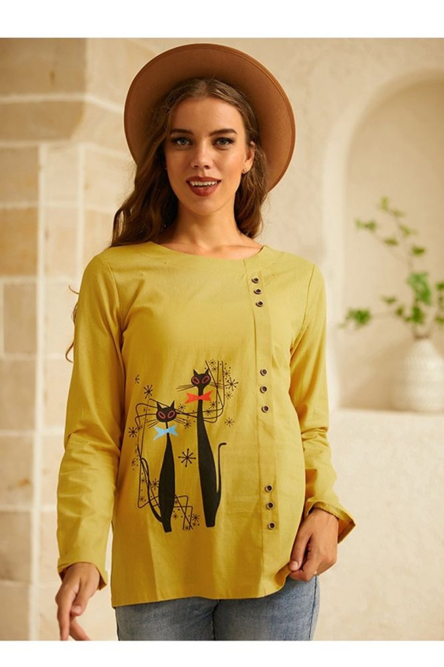 Clothing Azzlee Sweatshirt & Hoodies | Cat Print Buttons Casual O-Neck Long Sleeve Blouse Yellow