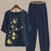 Clothing Azzlee | Casual Round Neck Butterfly Printed Half Sleeve Two Piece Suit Navy