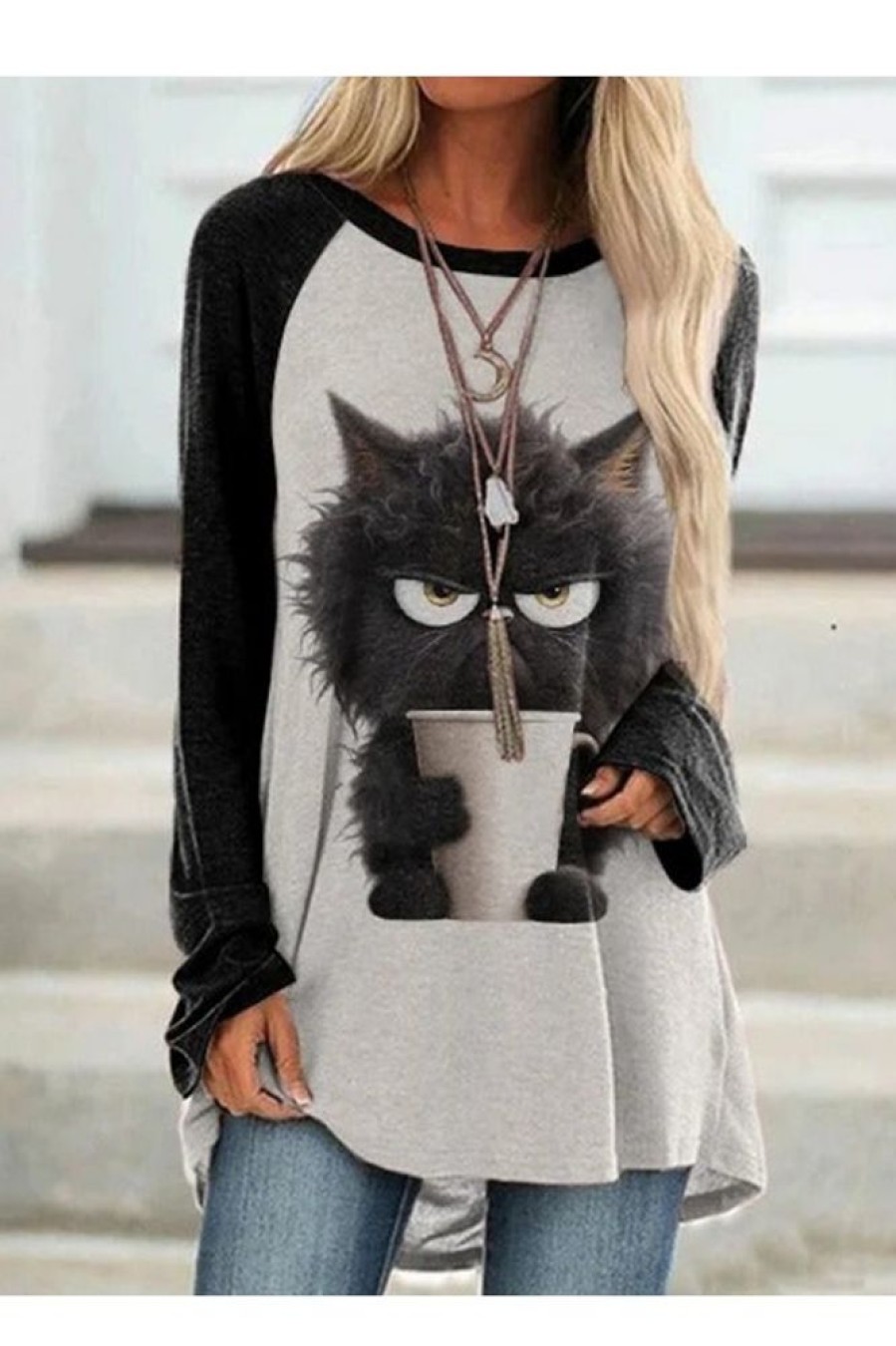 Clothing Azzlee Sweatshirt & Hoodies | Cute Grumpy Cat Print Long Sleeve Tunic Black