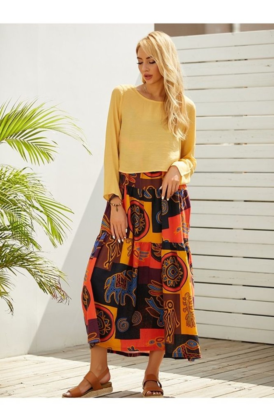 Clothing Azzlee Maxi Dresses | Round Neck Character Print Casual Long Sleeve Maxi Two Piece Dress Yellow