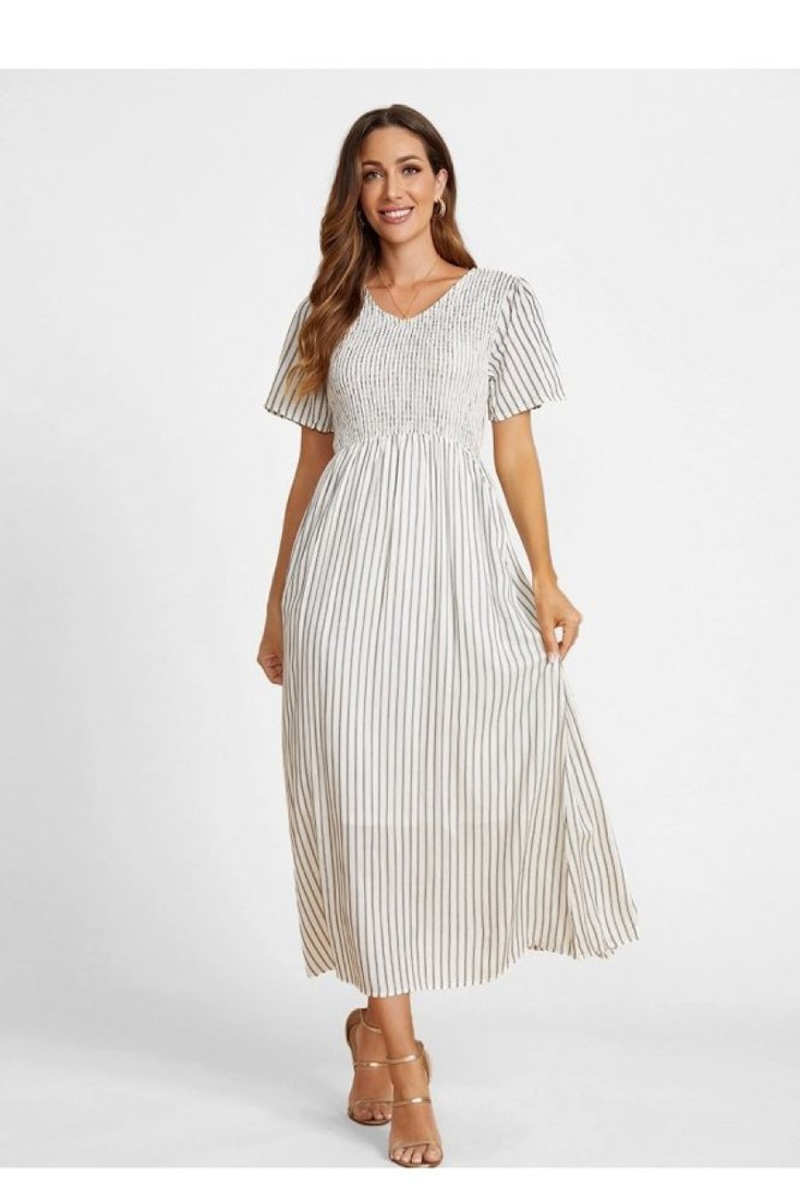 Clothing Azzlee Maxi Dresses | Stripe Pockets V-Neck Short Sleeve Maxi Dress White