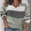 Clothing Azzlee Sweater & Cardigans | Casual Long Sleeve V Neck Stripe Splicing Sweater Gray