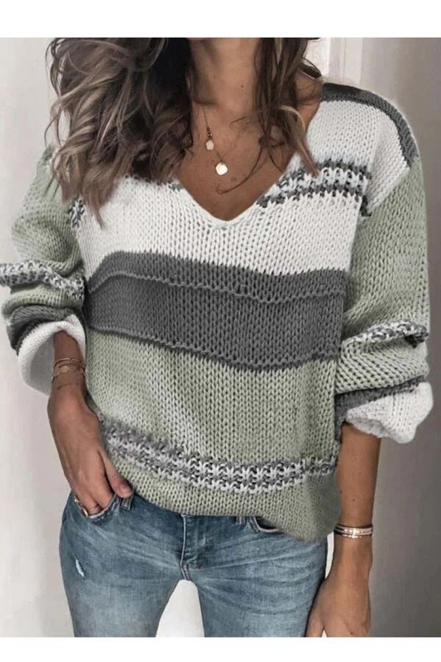 Clothing Azzlee Sweater & Cardigans | Casual Long Sleeve V Neck Stripe Splicing Sweater Gray