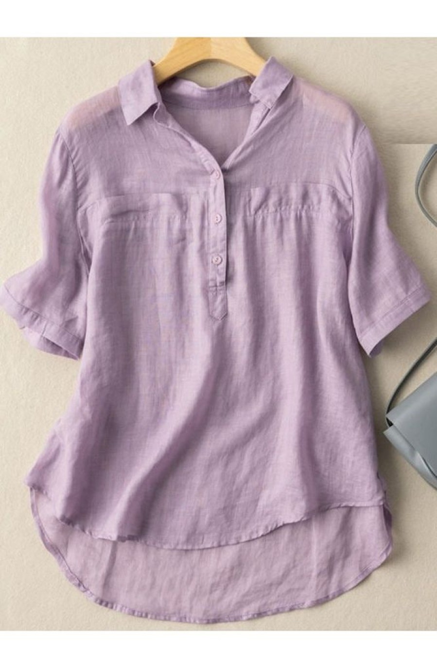 Clothing Azzlee Blouse & Shirts | Solid Color Short Sleeve Casual Loose Blouse Purple