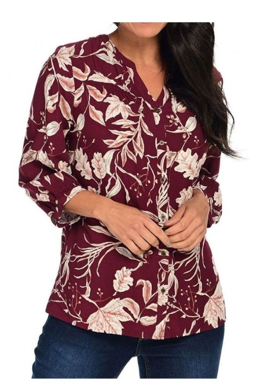 Clothing Azzlee Blouse & Shirts | Printed 3/4 Sleeve V Neck Blouse Rouge Wine