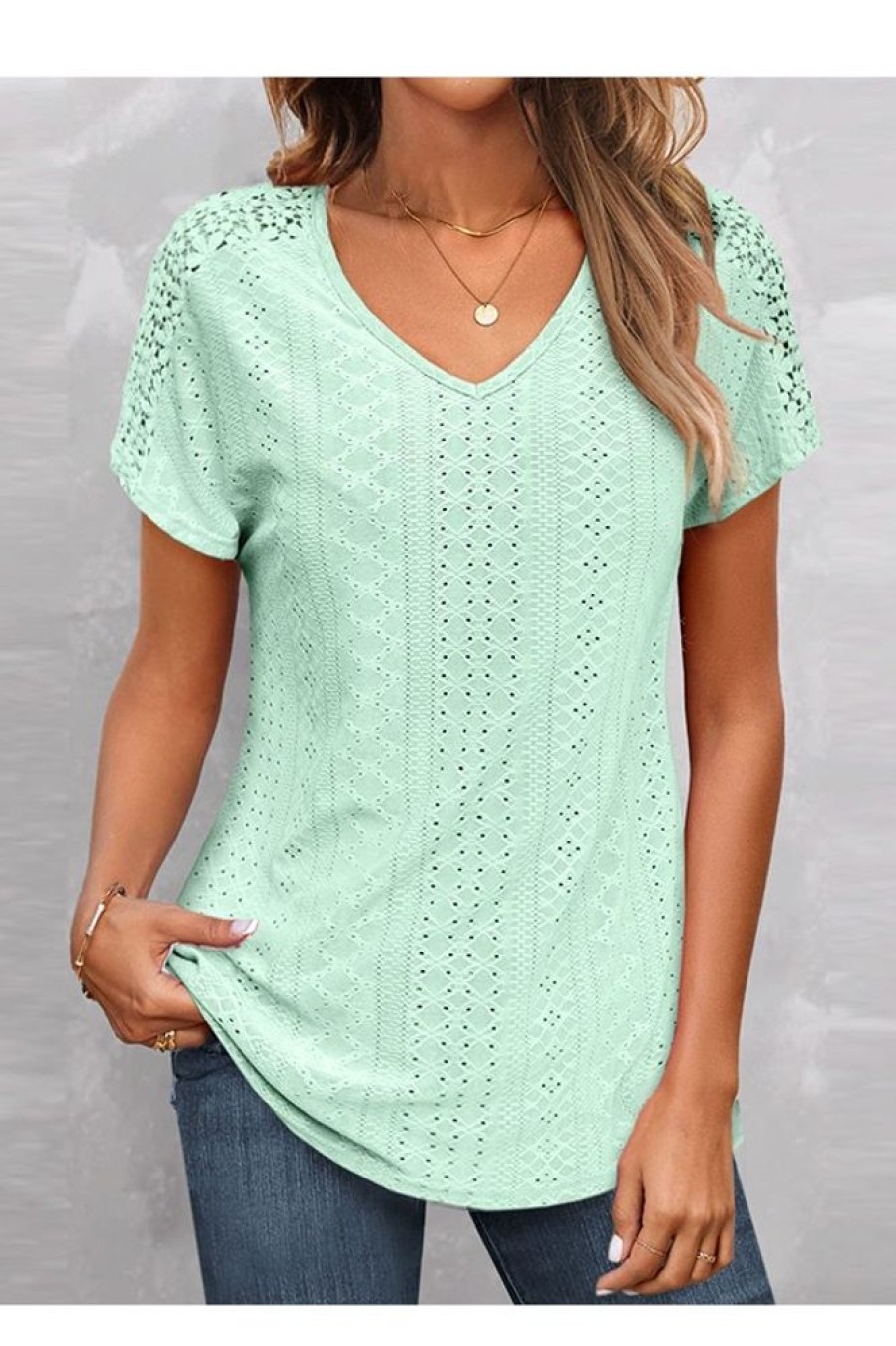 Clothing Azzlee Blouse & Shirts | Casual V Neck Lace Short Sleeve Blouse Mint Green