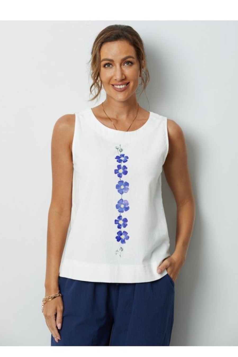 Clothing Azzlee Tanks | Flower Printed Sleeveless Loose O Neck Tank Top White