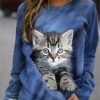 Clothing Azzlee Sweatshirt & Hoodies | Cat Print Crew Neck Long Sleeve Sweatshirt Blue