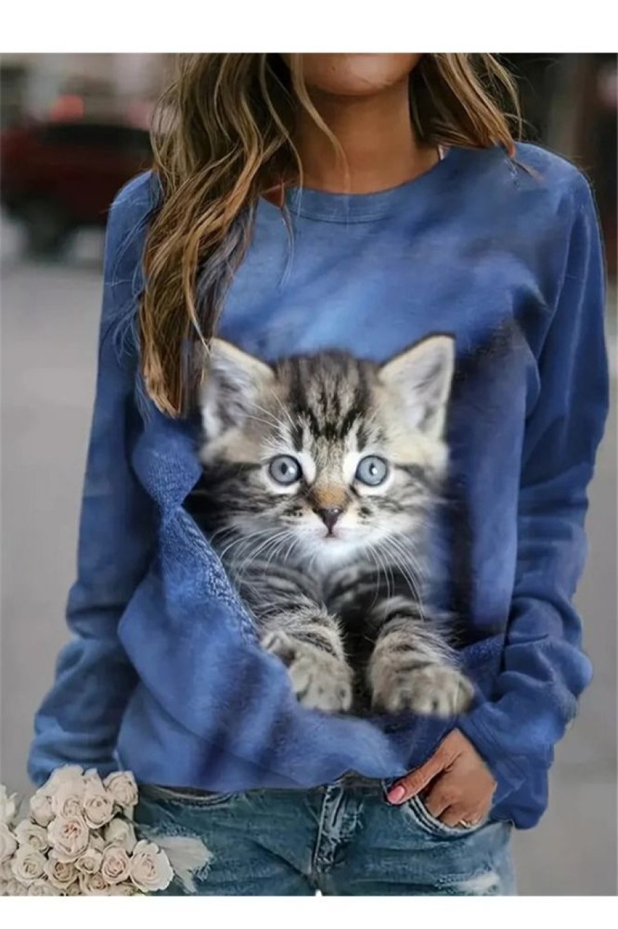 Clothing Azzlee Sweatshirt & Hoodies | Cat Print Crew Neck Long Sleeve Sweatshirt Blue