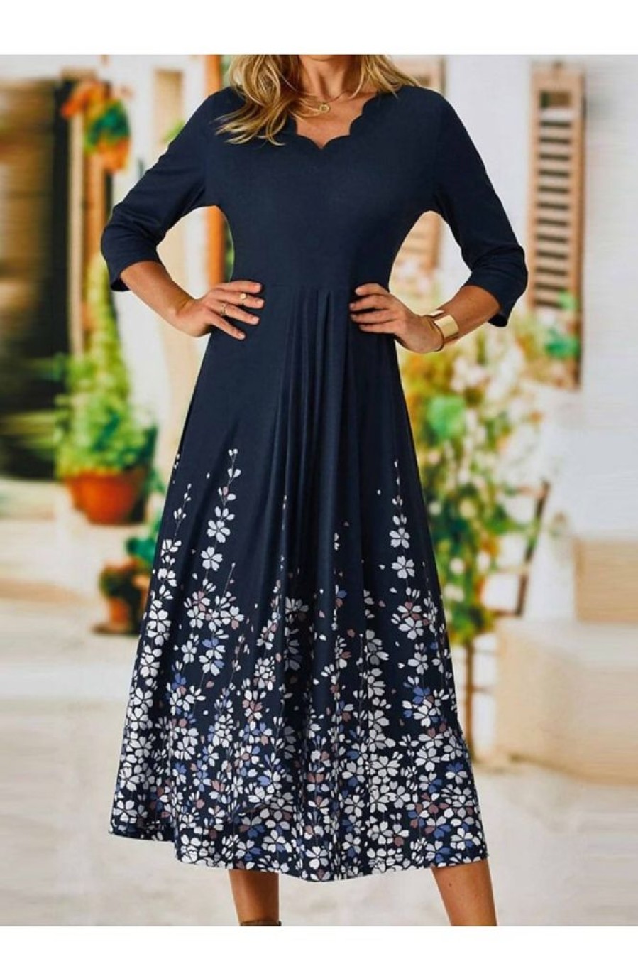 Clothing Azzlee Midi Dresses | Casual Scalloped Neck 3/4 Sleeve Floral Midi Dress Navy Blue