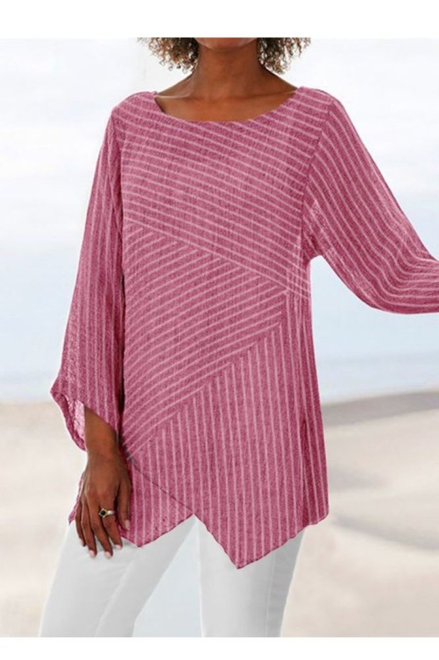 Clothing Azzlee Blouse & Shirts | Casual Long Sleeve Crew Neck Stripe Printed Blouse & Shirts