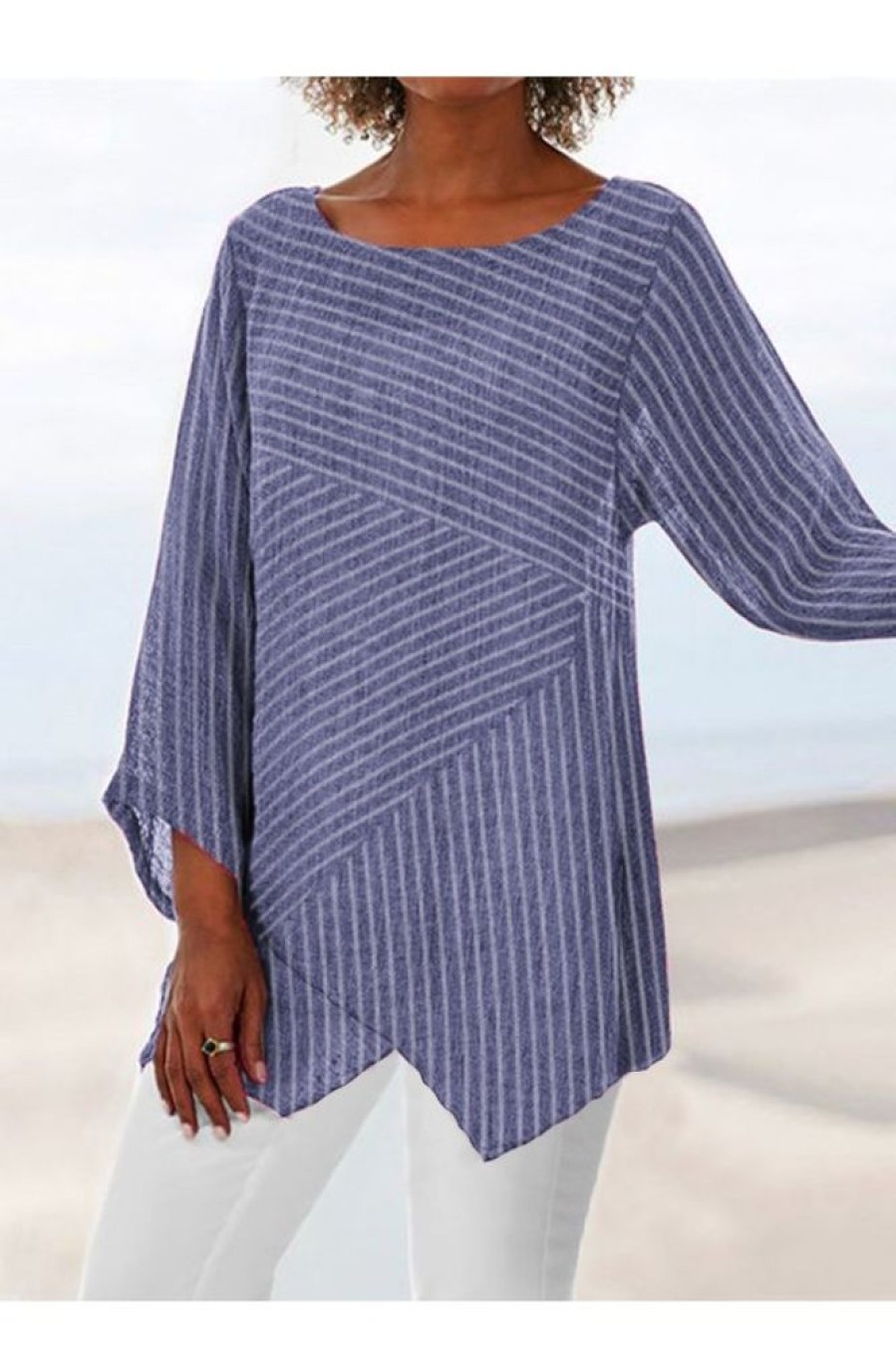 Clothing Azzlee Blouse & Shirts | Casual Long Sleeve Crew Neck Stripe Printed Blouse & Shirts