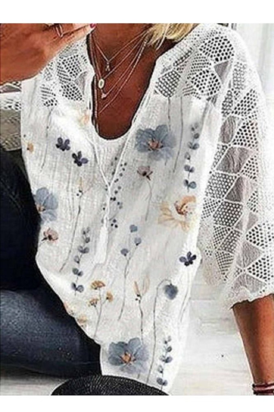 Clothing Azzlee Blouse & Shirts | Casual V Neck Floral Printed Half Sleeve Blouse White