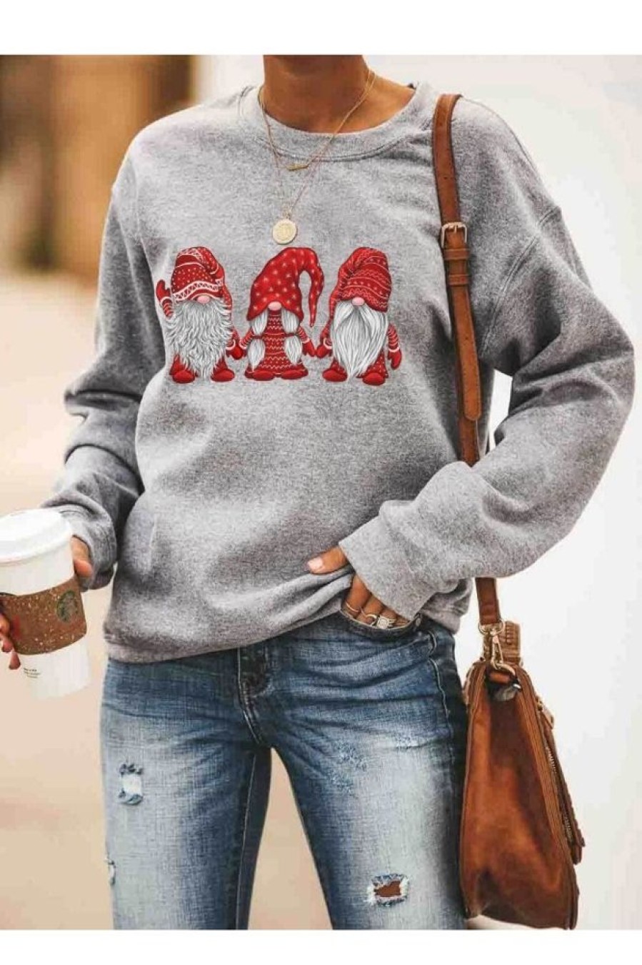 Clothing Azzlee Sweatshirt & Hoodies | Casual Graphic Tops Round Neck Long Sleeve Gnomes Printed Sweatshirts For Christmas Gray