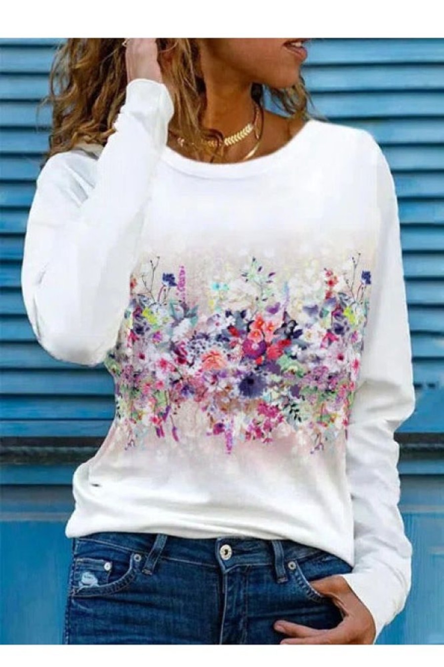 Clothing Azzlee Sweatshirt & Hoodies | Casual Round Neck Floral Printed Long Sleeve Sweatshirts White