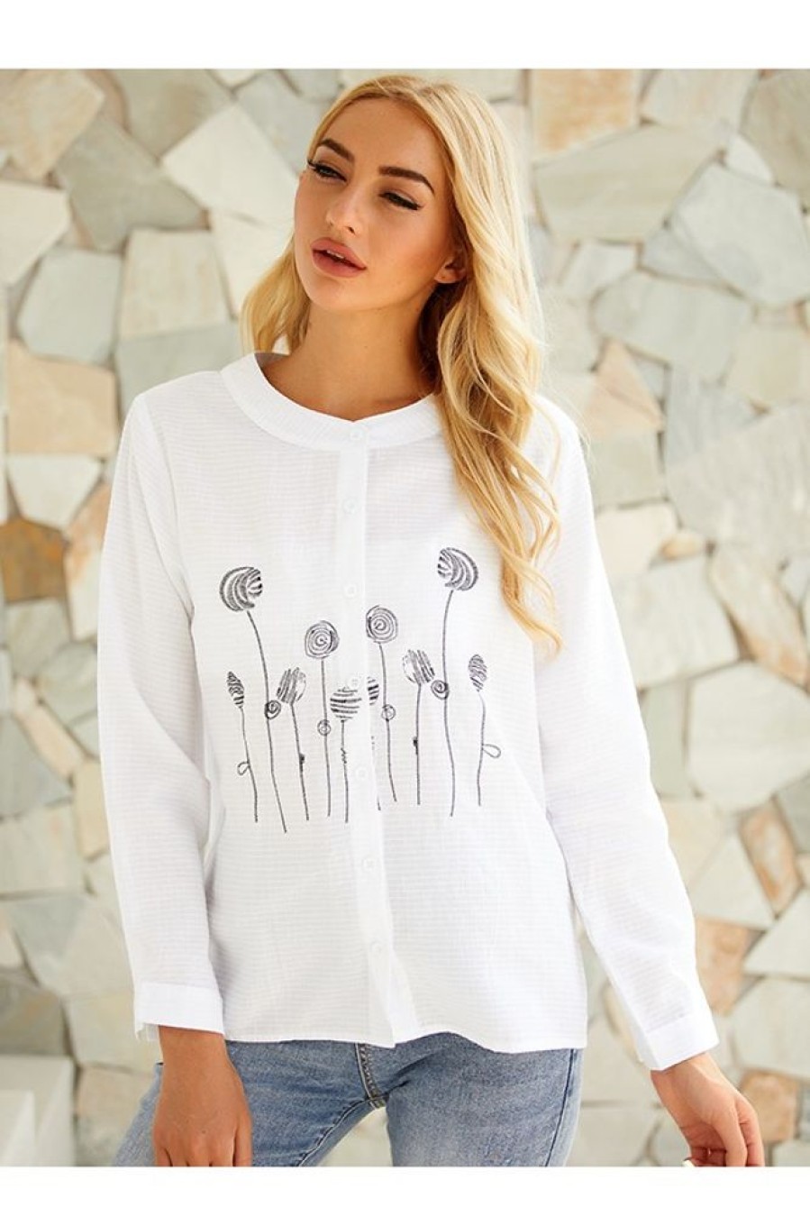 Clothing Azzlee Sweatshirt & Hoodies | Crew Neck Leaf Print Casual Long Sleeve Blouse White