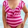 Clothing Azzlee Plus Size | Plus Size Stripe Ruffles V-Neck Tie Back One Piece Swimsuit Fuchsia