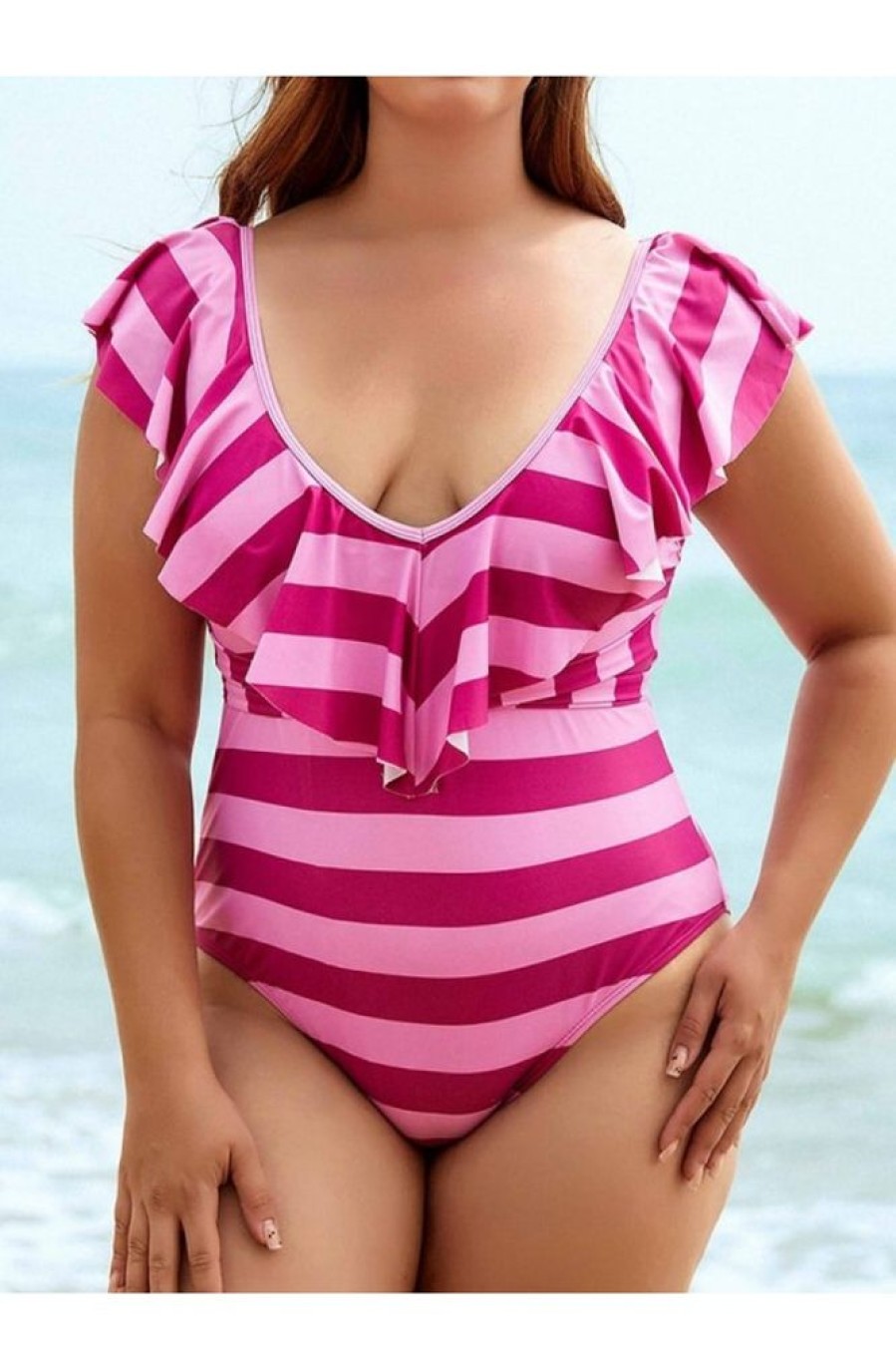 Clothing Azzlee Plus Size | Plus Size Stripe Ruffles V-Neck Tie Back One Piece Swimsuit Fuchsia