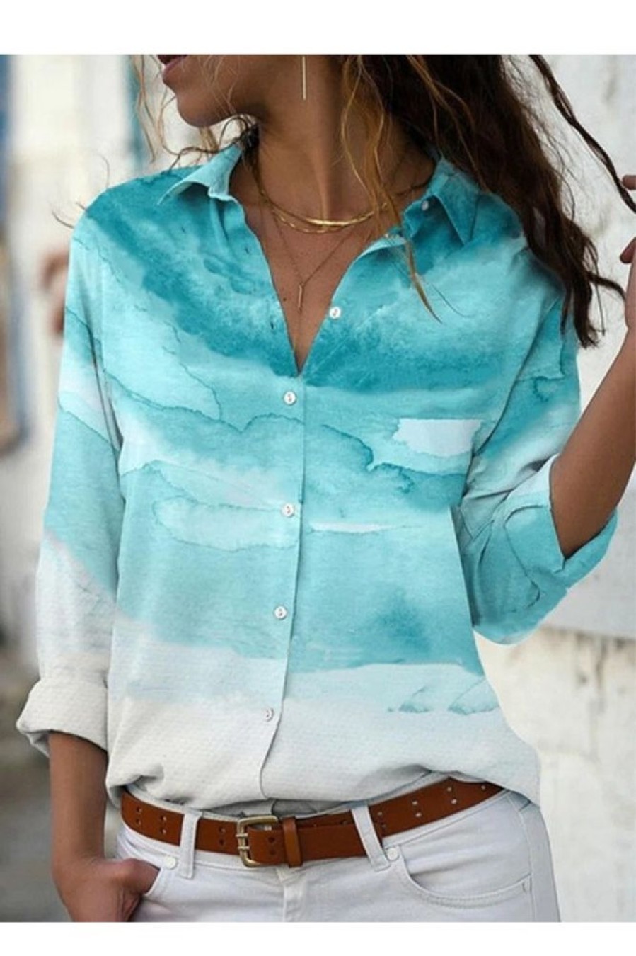 Clothing Azzlee Blouse & Shirts | Casual Graphic Tops Collar Long Sleeve Beach Printed Blouse Blue