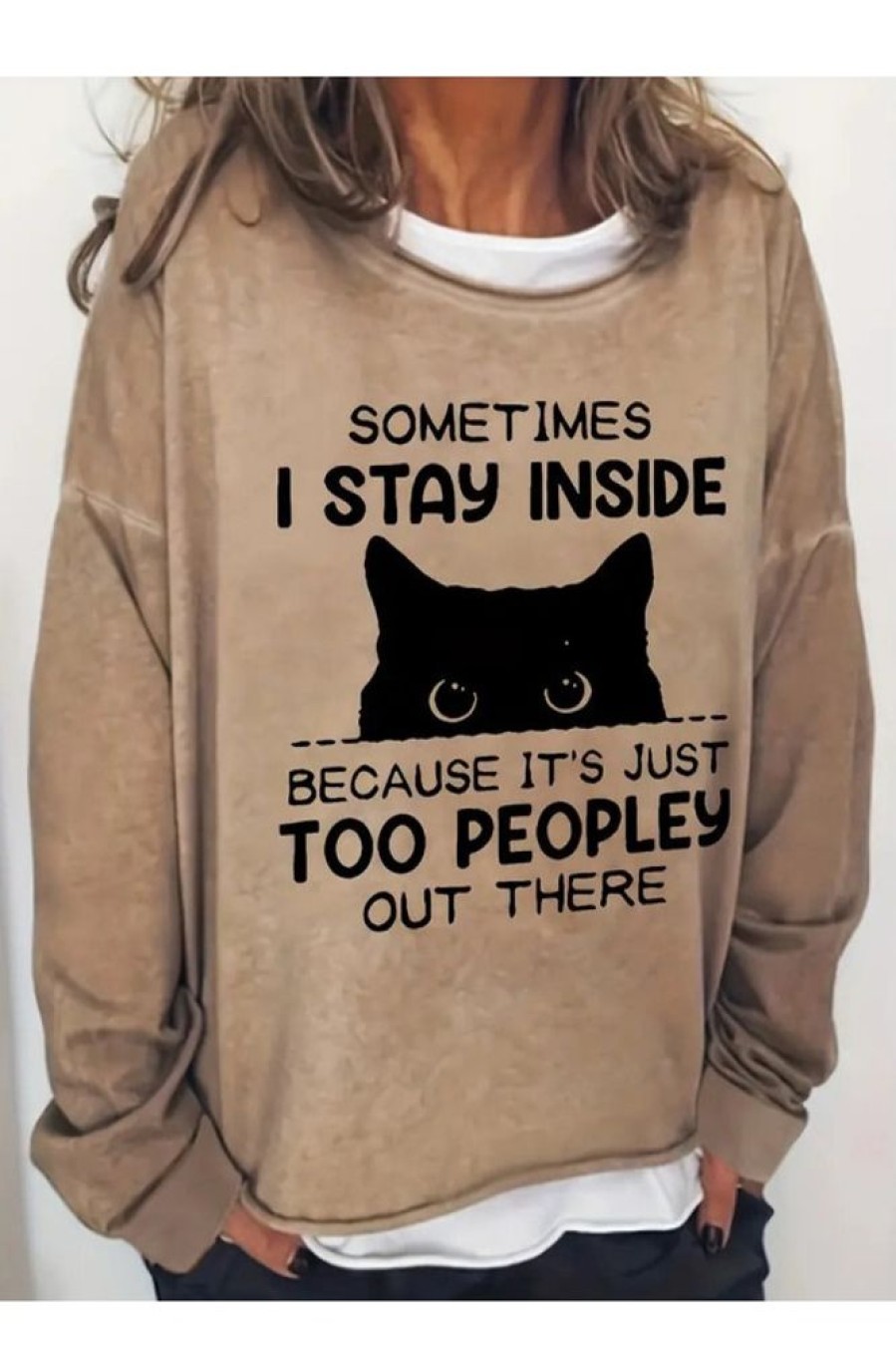 Clothing Azzlee Sweatshirt & Hoodies | Casual Long Sleeve Crew Neck Cute Cat Print Sweatshirt Khaki