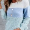 Clothing Azzlee Sweater & Cardigans | Casual Long Sleeve Round Neck Stripe Splicing Sweater Blue