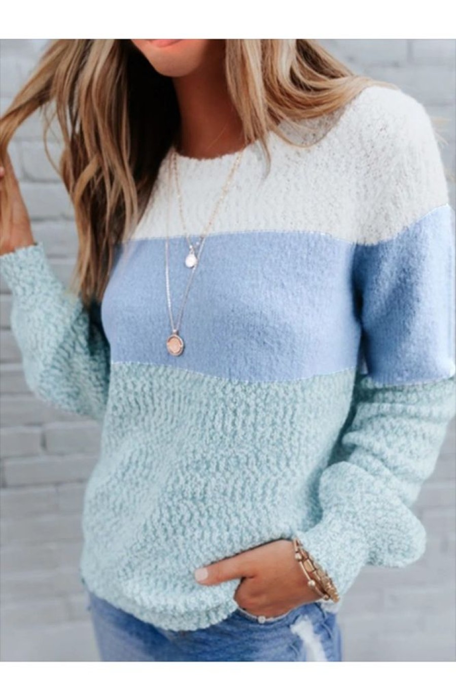 Clothing Azzlee Sweater & Cardigans | Casual Long Sleeve Round Neck Stripe Splicing Sweater Blue