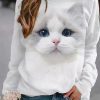 Clothing Azzlee Sweatshirt & Hoodies | Casual Graphic Tops Round Neck Long Sleeve Cat Printed Sweatshirts White